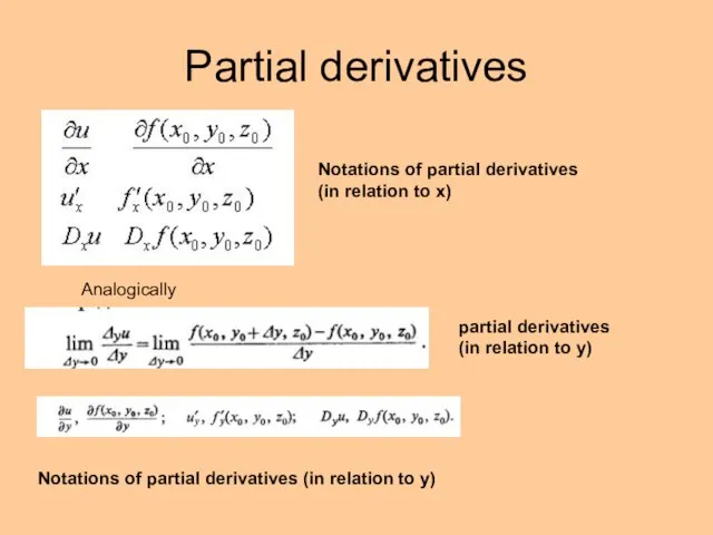 Partial derivatives Notations of partial derivatives (in relation to х) Analogically partial