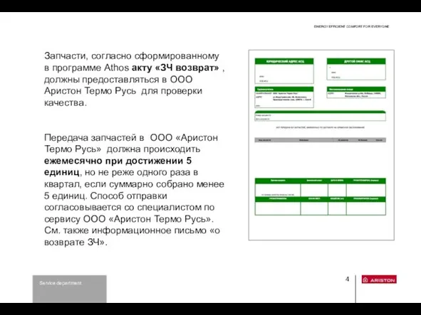 Запчасти, согласно сформированному в программе Athos акту «ЗЧ возврат» , должны предоставляться