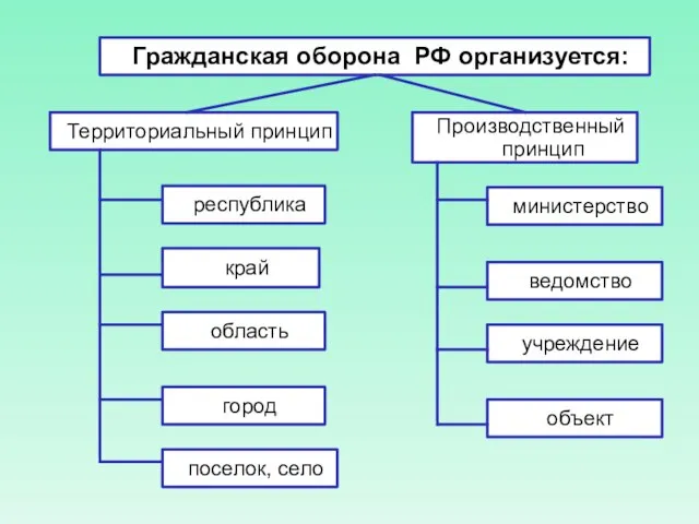 Гражданская оборона РФ организуется: Территориальный принцип республика край область город поселок, село