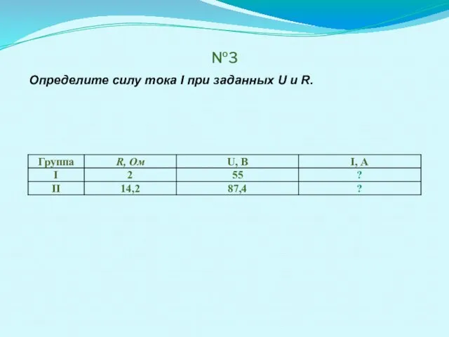 №3 Определите силу тока I при заданных U и R.