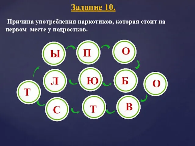 Задание 10. Причина употребления наркотиков, которая стоит на первом месте у подростков.