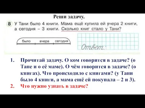 Реши задачу. Прочитай задачу. О ком говорится в задаче? (о Тане и