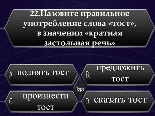 22.Назовите правильное употребление слова «тост», в значении «кратная застольная речь» произнести тост