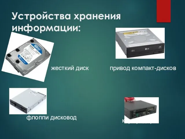 привод компакт-дисков карт ридер жесткий диск флоппи дисковод Устройства хранения информации:
