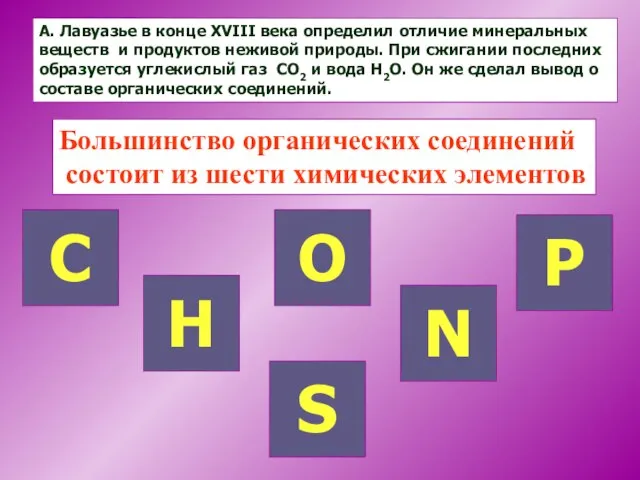 А. Лавуазье в конце XVIII века определил отличие минеральных веществ и продуктов