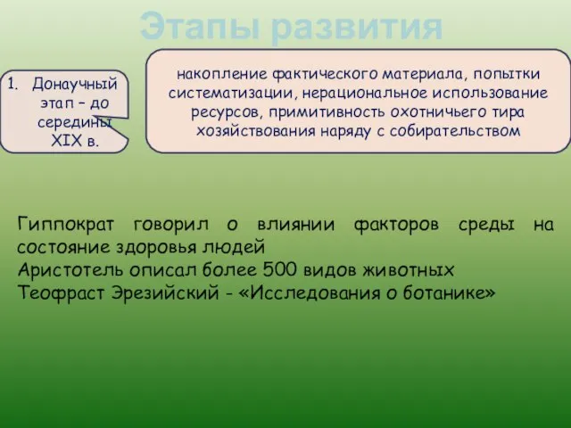 Этапы развития экологии Донаучный этап – до середины XIX в. накопление фактического