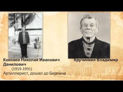 Кокнаев Николай Иванович Кручинкин Владимир Данилович (1919-1991) Артиллерист, дошел до Берлина