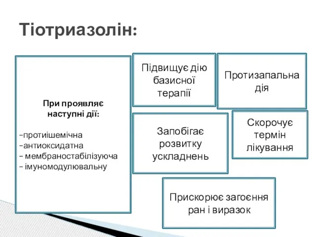 Тіотриазолін: Протизапальна дія Прискорює загоєння ран і виразок При проявляє наступні дії: