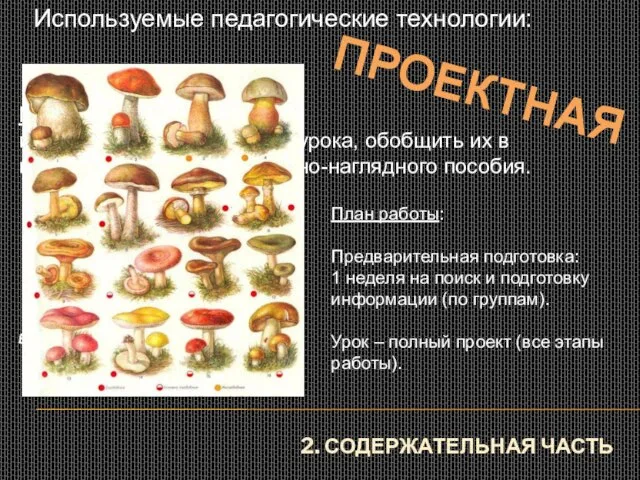 2. СОДЕРЖАТЕЛЬНАЯ ЧАСТЬ Используемые педагогические технологии: ПРОЕКТНАЯ Цель проекта: приобрести знания по