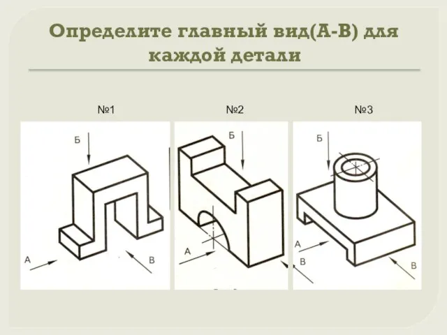 Определите главный вид(А-В) для каждой детали №1 №2 №3