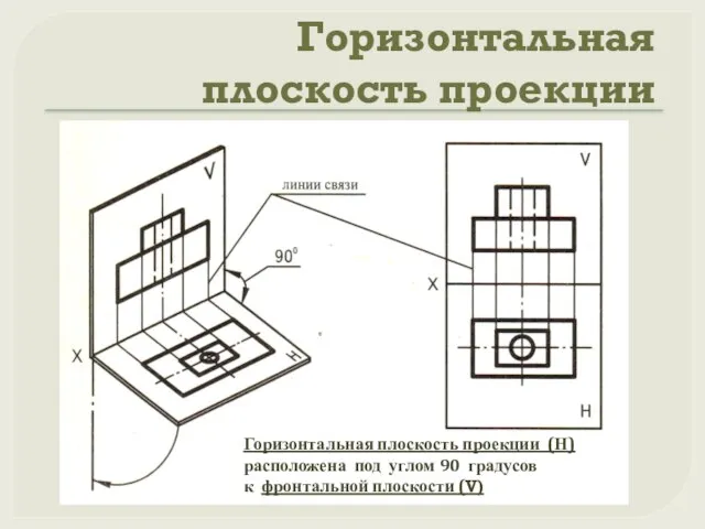 Горизонтальная плоскость проекции Горизонтальная плоскость проекции (Н) расположена под углом 90 градусов к фронтальной плоскости (V)