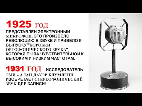 1925 год ПРЕДСТАВЛЕН ЭЛЕКТРОННЫЙ МИКРОФОН. ЭТО ПРОИЗВЕЛО РЕВОЛЮЦИЮ В ЗВУКЕ И ПРИВЕЛО