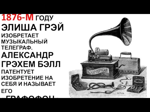 1876-М ГОДУ ЭЛИША ГРЭЙ ИЗОБРЕТАЕТ МУЗЫКАЛЬНЫЙ ТЕЛЕГРАФ. АЛЕКСАНДР ГРЭХЕМ БЭЛЛ ПАТЕНТУЕТ ИЗОБРЕТЕНИЕ