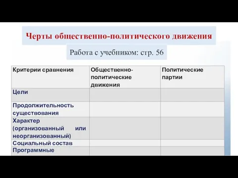 Черты общественно-политического движения Работа с учебником: стр. 56