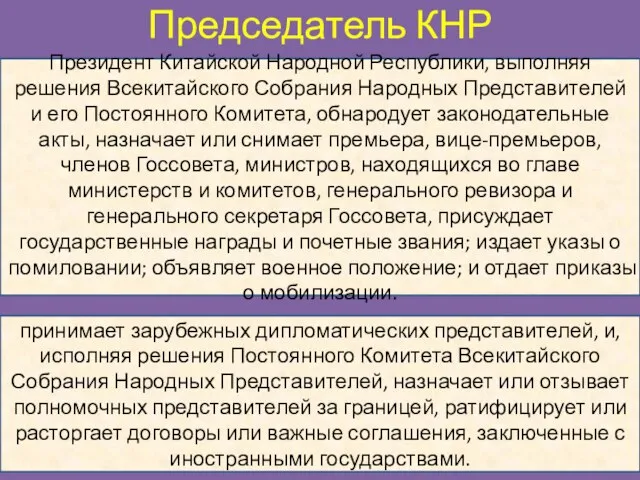 Председатель КНР Президент Китайской Народной Республики, выполняя решения Всекитайского Собрания Народных Представителей