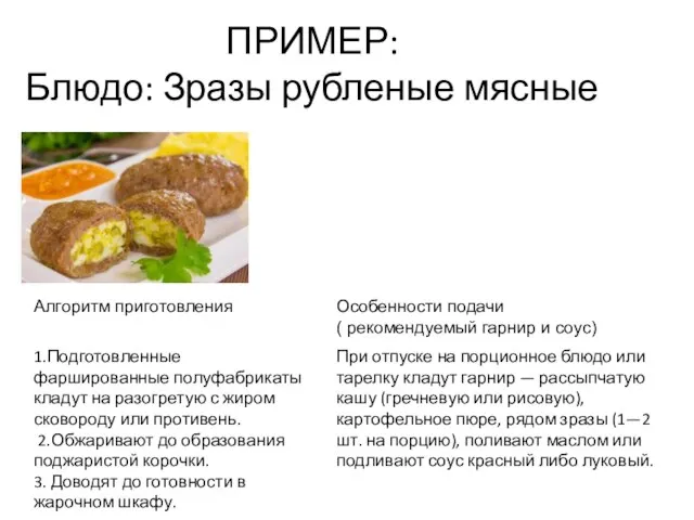 ПРИМЕР: Блюдо: Зразы рубленые мясные