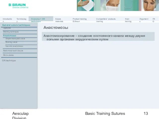 Basic Training Sutures Aesculap Division General suture techniques Anastomoses Simple interrupted suture