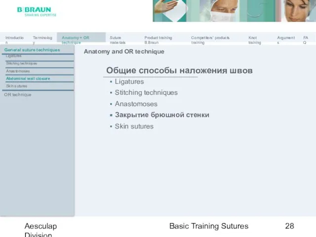 Basic Training Sutures Aesculap Division Общие способы наложения швов Ligatures Anastomoses Закрытие