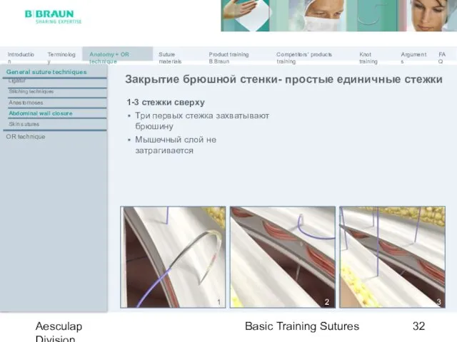 Basic Training Sutures Aesculap Division 1-3 стежки сверху Три первых стежка захватывают