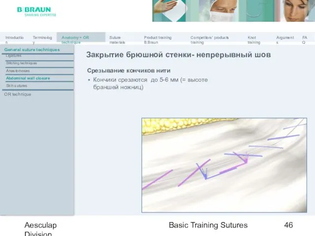 Basic Training Sutures Aesculap Division Срезывание кончиков нити Кончики срезаются до 5-6