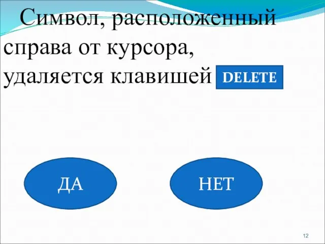 Символ, расположенный справа от курсора, удаляется клавишей ДА НЕТ DELETE