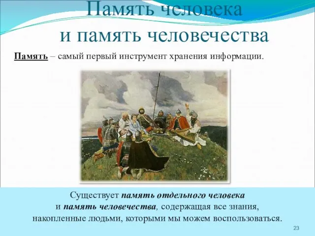 Существует память отдельного человека и память человечества, содержащая все знания, накопленные людьми,