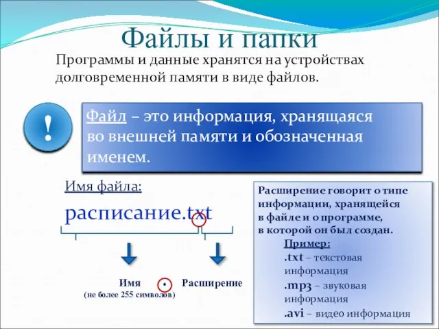 Файлы и папки Программы и данные хранятся на устройствах долговременной памяти в