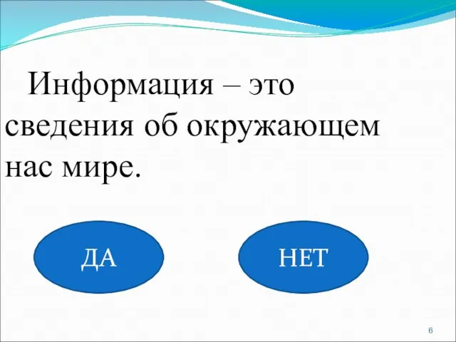 Информация – это сведения об окружающем нас мире. ДА НЕТ