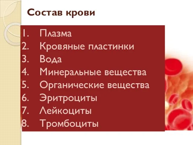 Состав крови Плазма Кровяные пластинки Вода Минеральные вещества Органические вещества Эритроциты Лейкоциты Тромбоциты