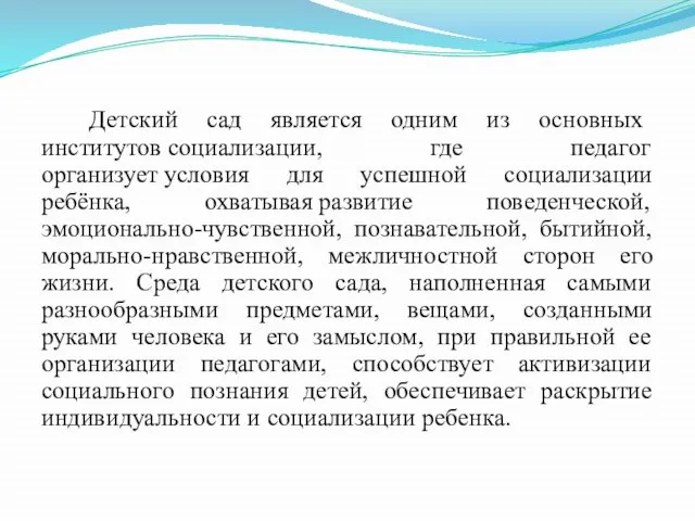 Детский сад является одним из основных институтов социализации, где педагог организует условия