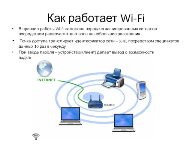 Как работает Wi-Fi В принцип работы Wi-Fi заложена передача зашифрованных сигналов посредством