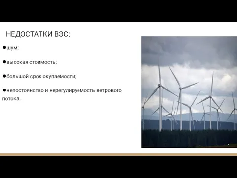 НЕДОСТАТКИ ВЭС: ●шум; ●высокая стоимость; ●большой срок окупаемости; ●непостоянство и нерегулируемость ветрового потока.