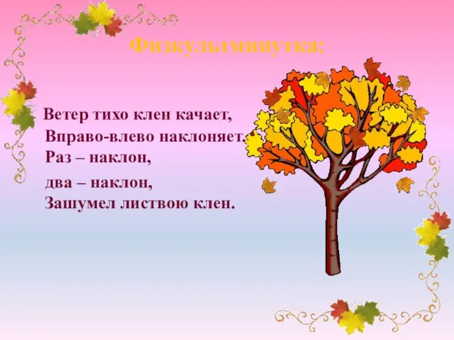 Физкультминутка: Ветер тихо клен качает, Вправо-влево наклоняет. Раз – наклон, два – наклон, Зашумел листвою клен.