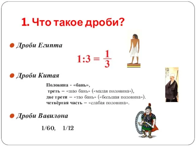 1. Что такое дроби? Дроби Египта Дроби Китая Дроби Вавилона Половина -