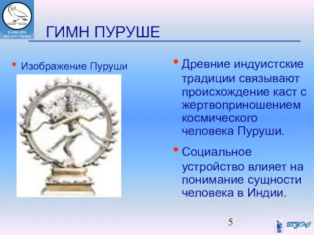 ГИМН ПУРУШЕ Древние индуистские традиции связывают происхождение каст с жертвоприношением космического человека