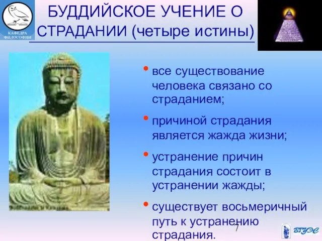 БУДДИЙСКОЕ УЧЕНИЕ О СТРАДАНИИ (четыре истины) все существование человека связано со страданием;