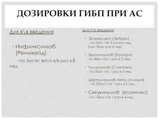 ДОЗИРОВКИ ГИБП ПРИ АС Для в\в введения Инфликсимаб (Ремикейд) - по 5мг/кг