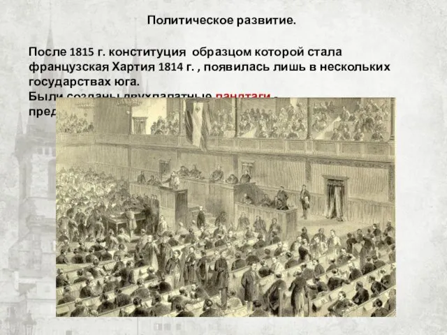 Политическое развитие. После 1815 г. конституция образцом которой стала французская Хартия 1814