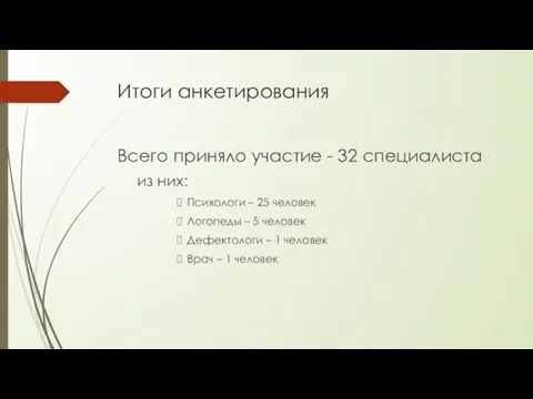 Итоги анкетирования Всего приняло участие - 32 специалиста из них: Психологи –