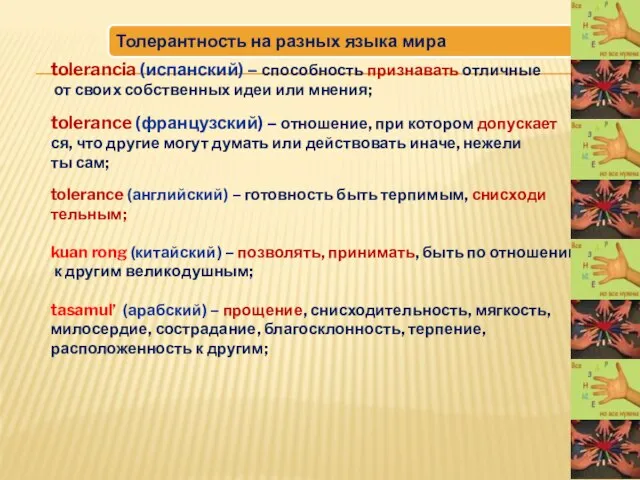 tolerancia (испанский) – способность признавать отличные от своих собственных идеи или мнения;