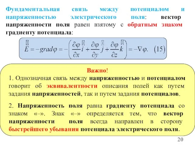 Фундаментальная связь между потенциалом и напряженностью электрического поля: вектор напряженности поля равен