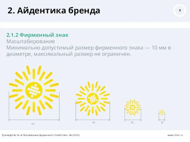 2. Айдентика бренда 2.1.2 Фирменный знак Масштабирование Минимально допустимый размер фирменного знака