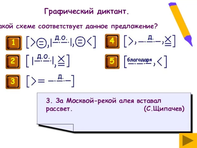 Графический диктант. Какой схеме соответствует данное предложение? 3. За Москвой-рекой алея вставал