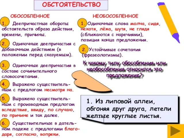 1. Деепричастные обороты обстоятельств образа действия, времени, причины. ОБОСОБЛЕННОЕ НЕОБОСОБЛЕННОЕ 2. Одиночные