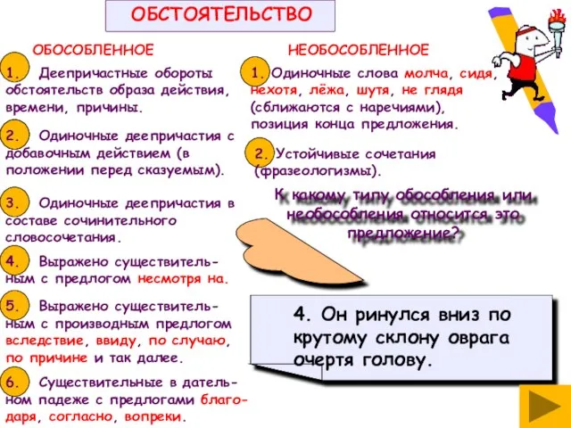 1. Деепричастные обороты обстоятельств образа действия, времени, причины. ОБОСОБЛЕННОЕ НЕОБОСОБЛЕННОЕ 2. Одиночные