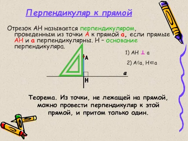 Перпендикуляр к прямой Отрезок АН называется перпендикуляром, проведенным из точки А к