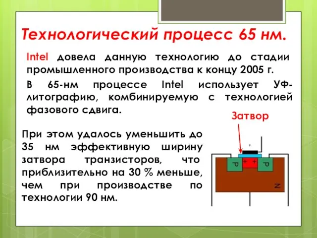 Технологический процесс 65 нм. Intel довела данную технологию до стадии промышленного производства