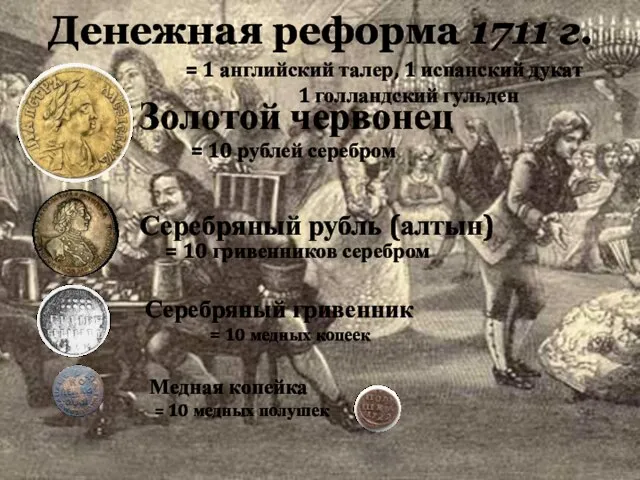 Денежная реформа 1711 г. Золотой червонец = 10 рублей серебром Серебряный рубль