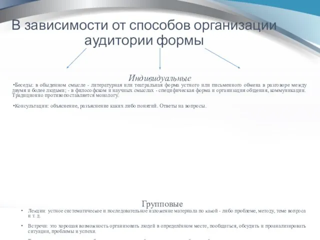 В зависимости от способов организации аудитории формы Индивидуальные Беседы: в обыденном смысле