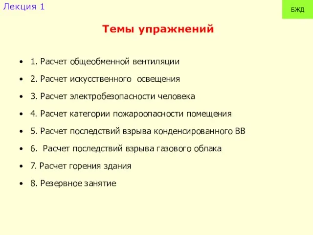 Темы упражнений 1. Расчет общеобменной вентиляции 2. Расчет искусственного освещения 3. Расчет